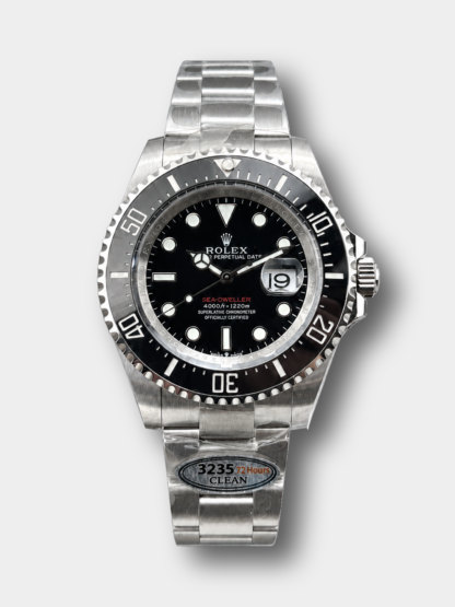 Rolex Sea-Dweller 126600 super clone watch with black dial, stainless steel bracelet and date window on a light gray background