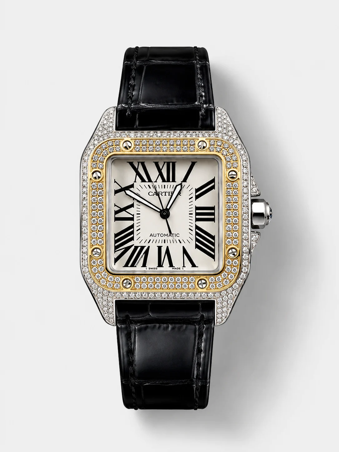 Cartier Santos 100 1:1 Mirror Super Clone Steel Diamonds Watch Mens Size 42MM - view 1