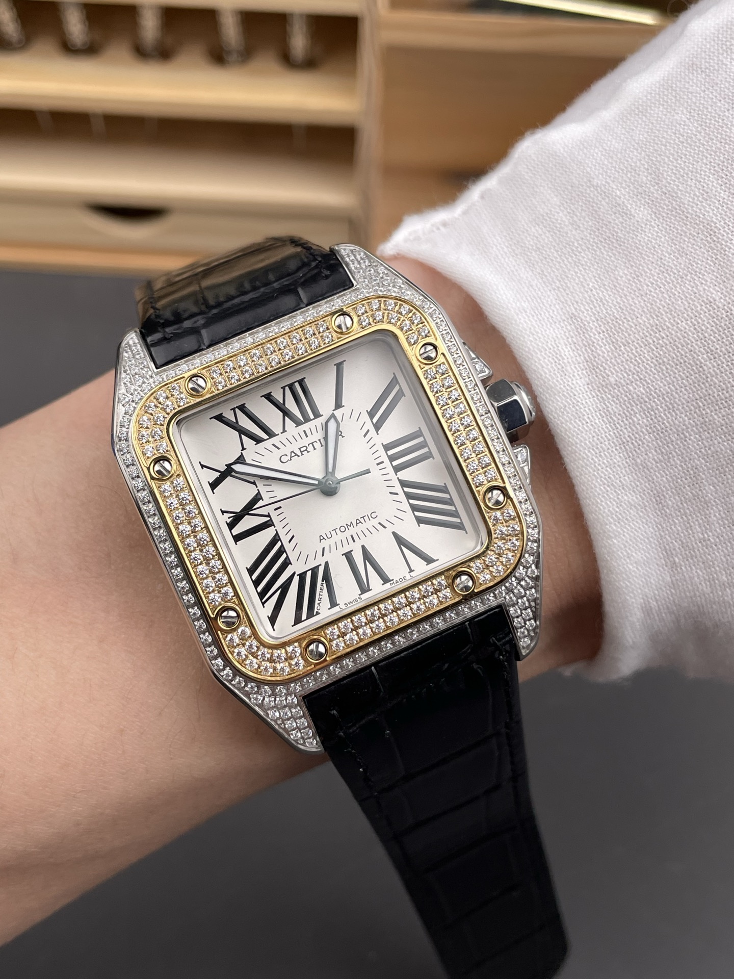 Cartier Santos 100 1:1 Mirror Super Clone Steel Diamonds Watch Mens Size 42MM - view 10