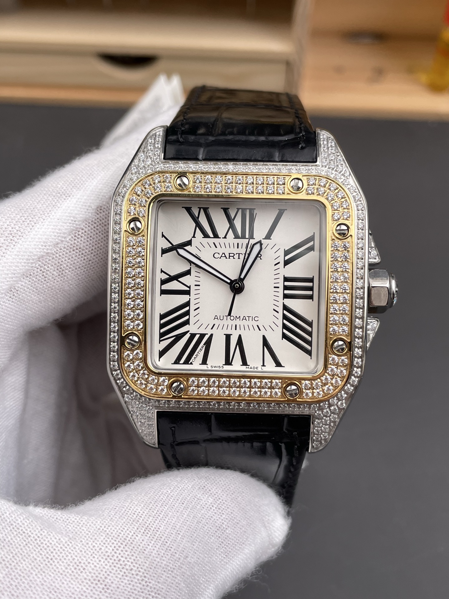 Cartier Santos 100 1:1 Mirror Super Clone Steel Diamonds Watch Mens Size 42MM - view 2