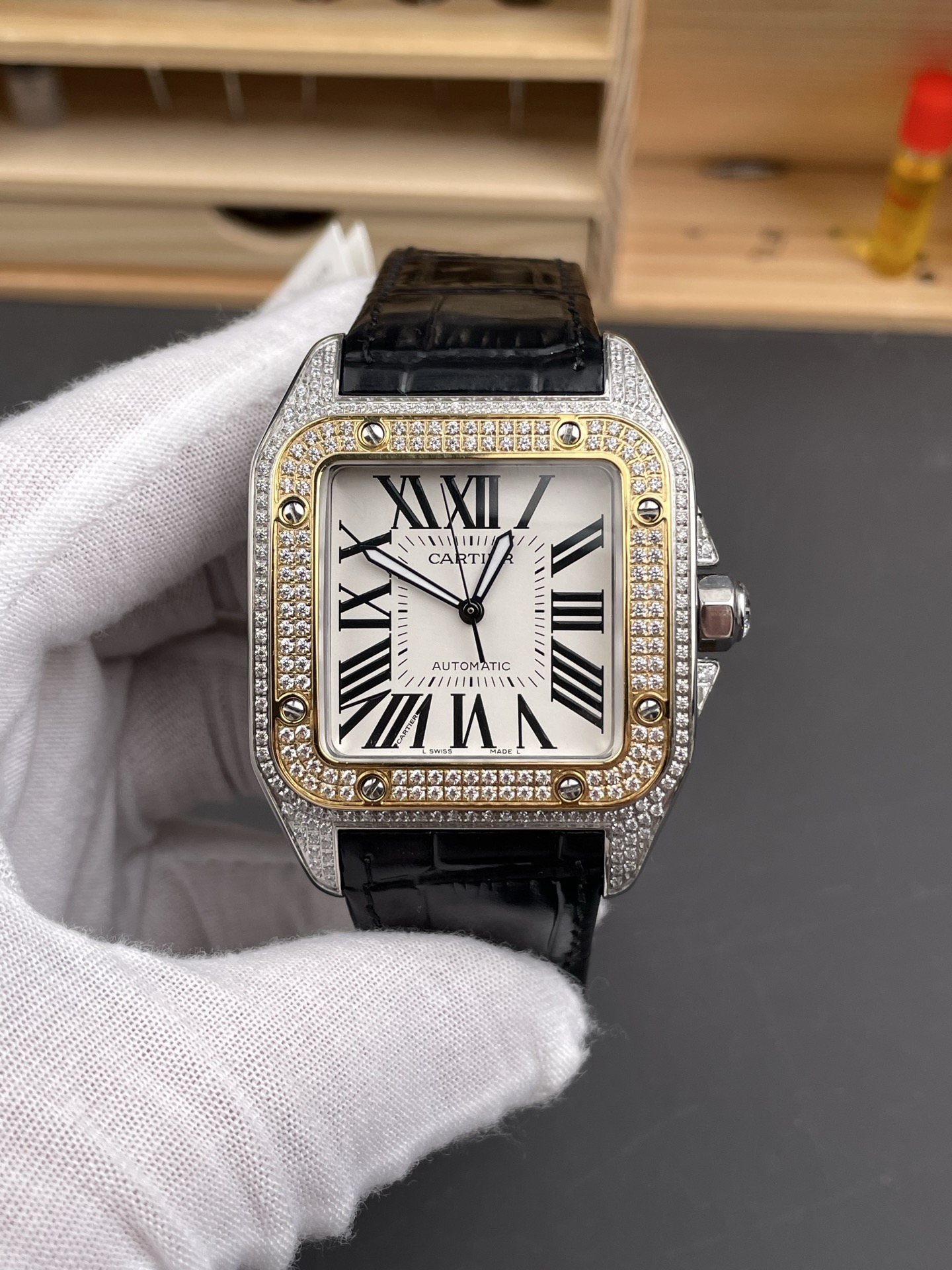 Cartier Santos 100 1:1 Mirror Super Clone Steel Diamonds Watch Mens Size 42MM - view 3