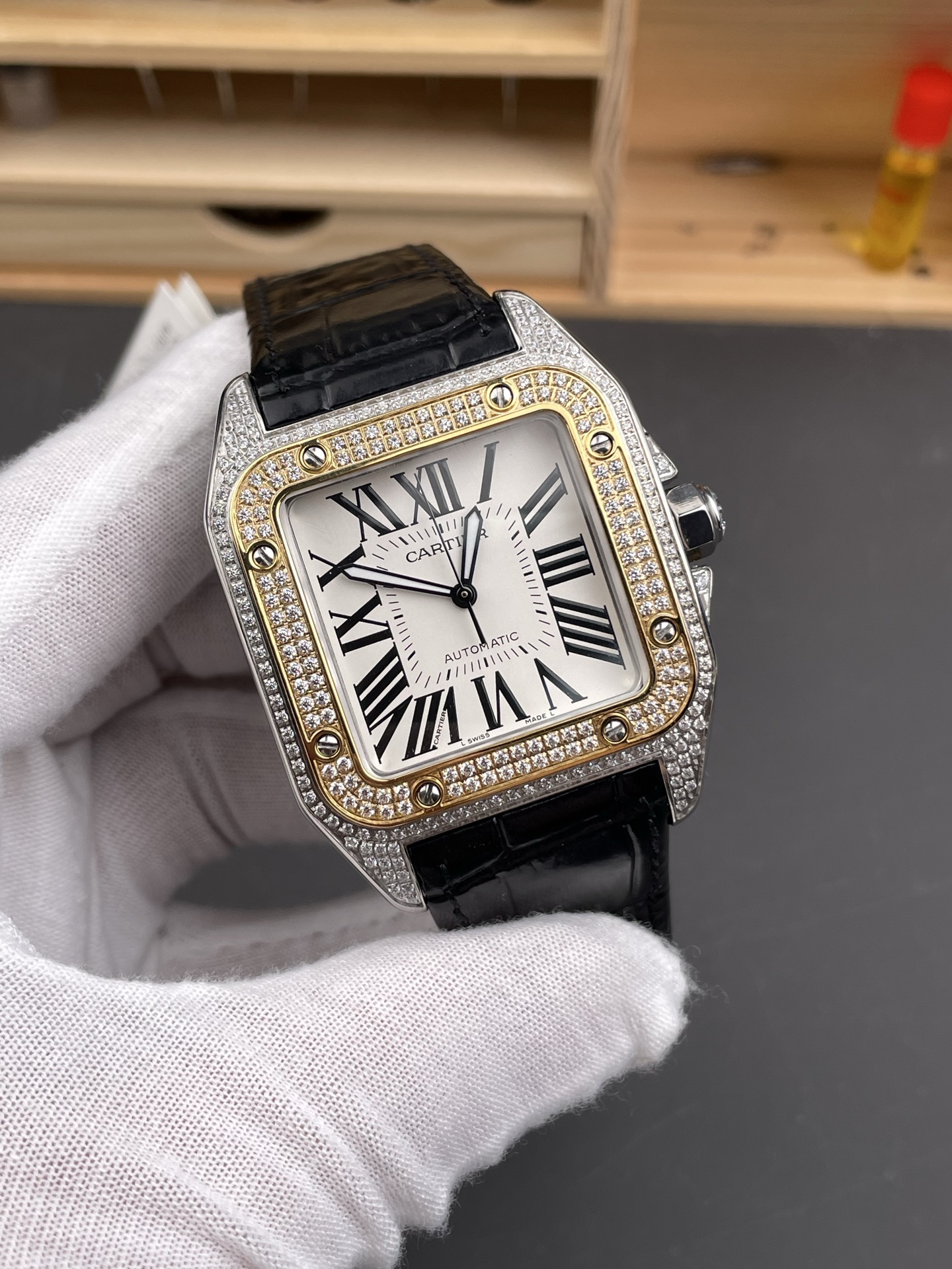 Cartier Santos 100 1:1 Mirror Super Clone Steel Diamonds Watch Mens Size 42MM - view 4