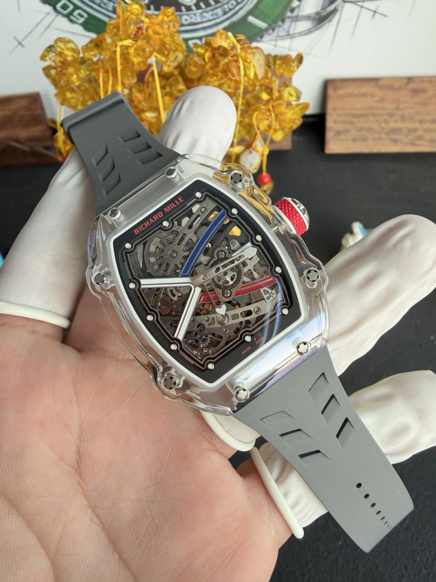 Richard Mille Super Clone RM67-02 Sapphires Casing Watch Grey Rubber Strap - view 5