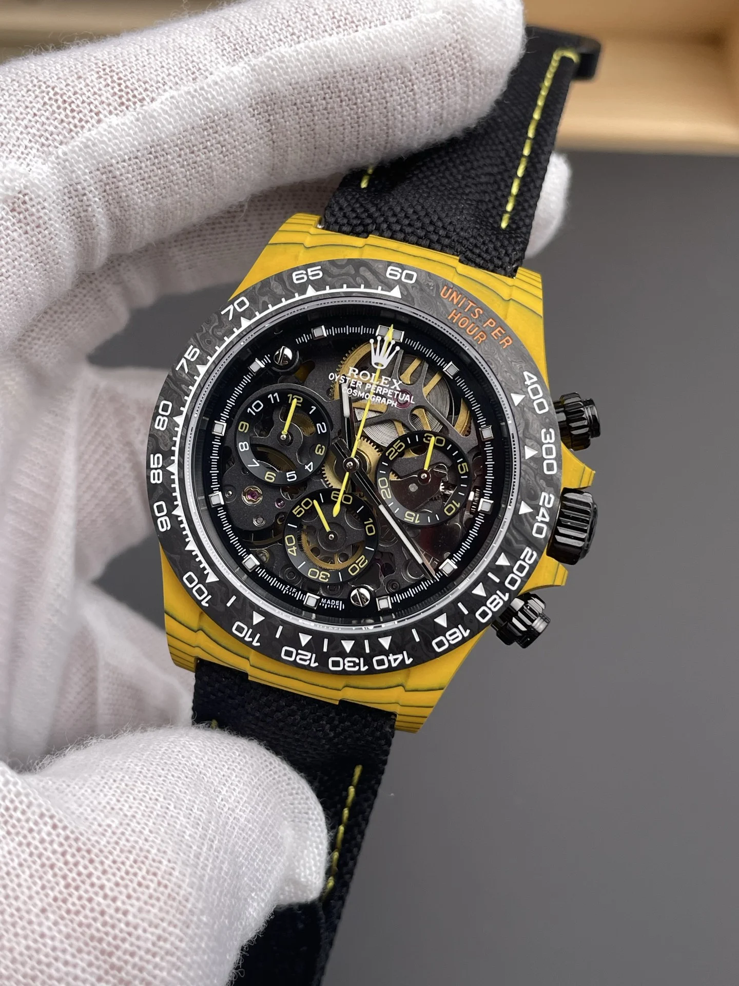 Rolex Daytona Yellow TPT Casing Skeleton Dial Nylon Strap Super Clone Watch - view 3