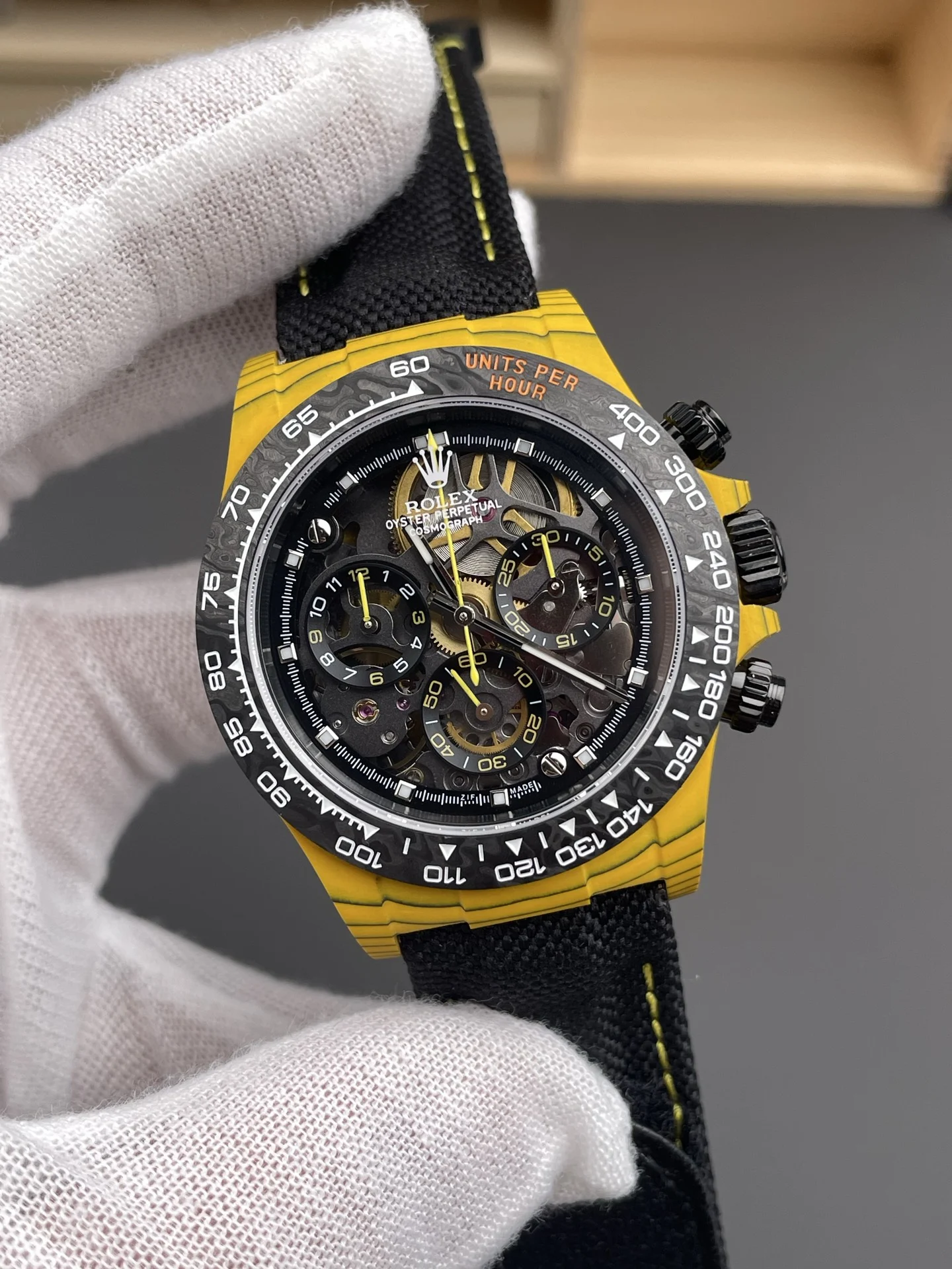 Rolex Daytona Yellow TPT Casing Skeleton Dial Nylon Strap Super Clone Watch - view 4