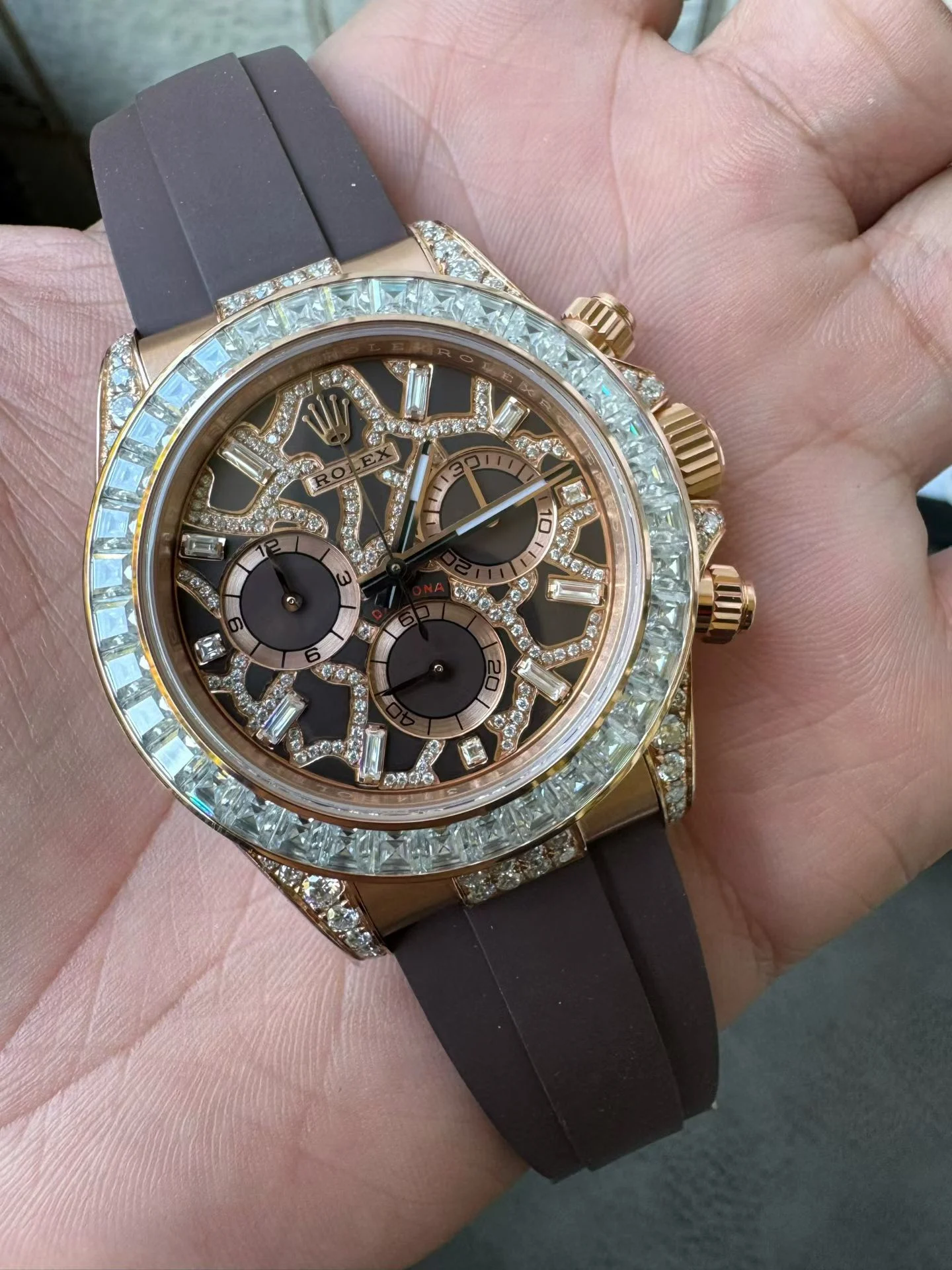 Rolex Daytona 126555TBR Giraffe Rose Gold Chestnut Brown Moissanites Dial Super Clone Watch - view 2