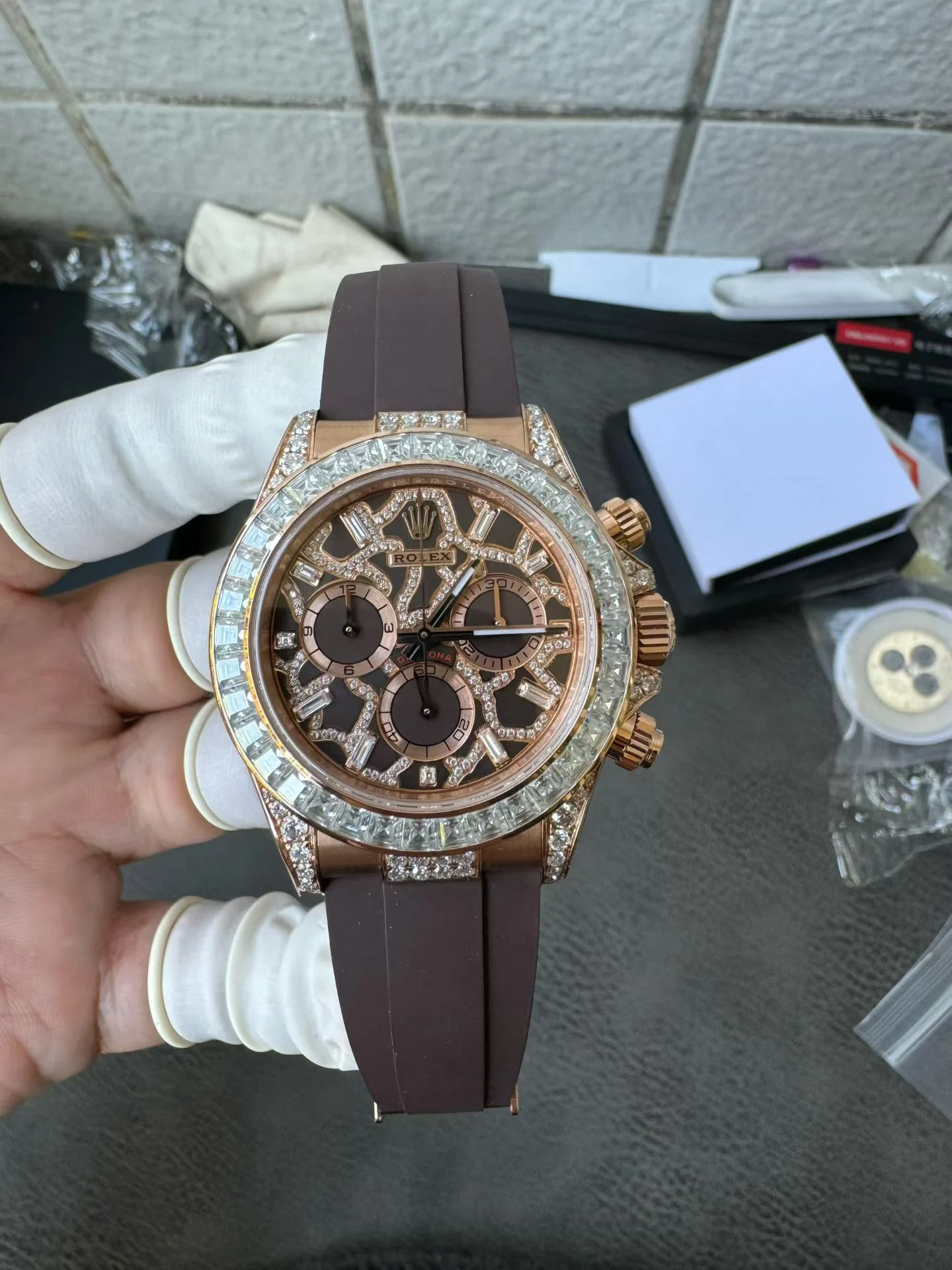 Rolex Daytona 126555TBR Giraffe Rose Gold Chestnut Brown Moissanites Dial Super Clone Watch - view 8