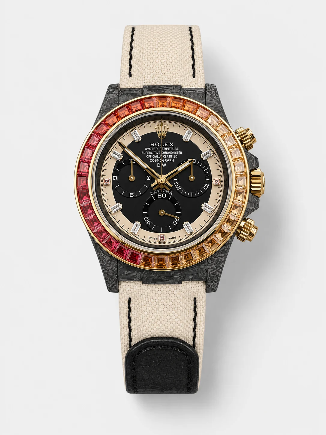 Rolex Daytona DiW Carbon Edition Rainbow Bezel - Forged Carbon Casing Beige Strap 1:1 Mirror Super Clone - view 1