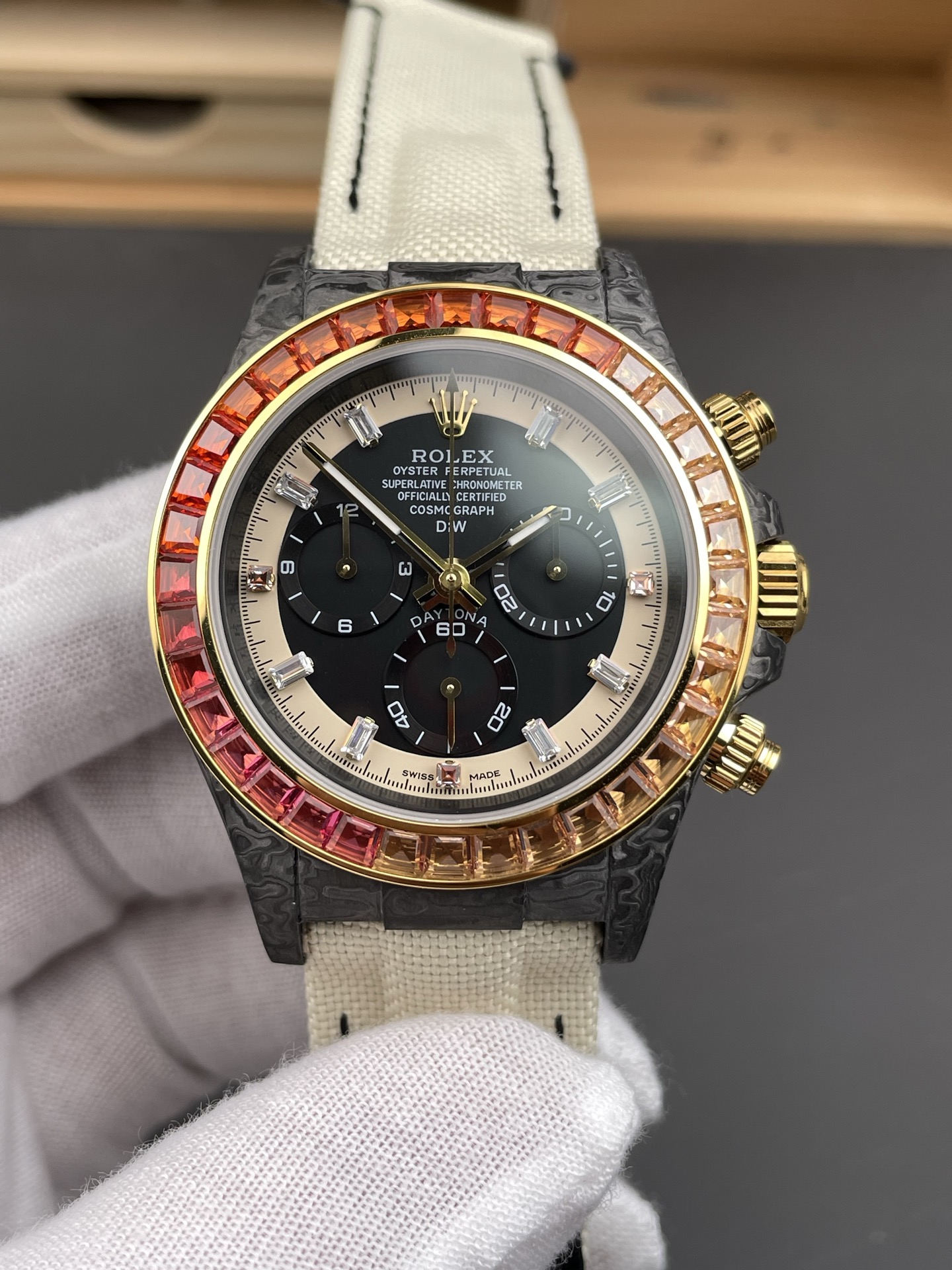Rolex Daytona DiW Carbon Edition Rainbow Bezel - Forged Carbon Casing Beige Strap 1:1 Mirror Super Clone - view 2
