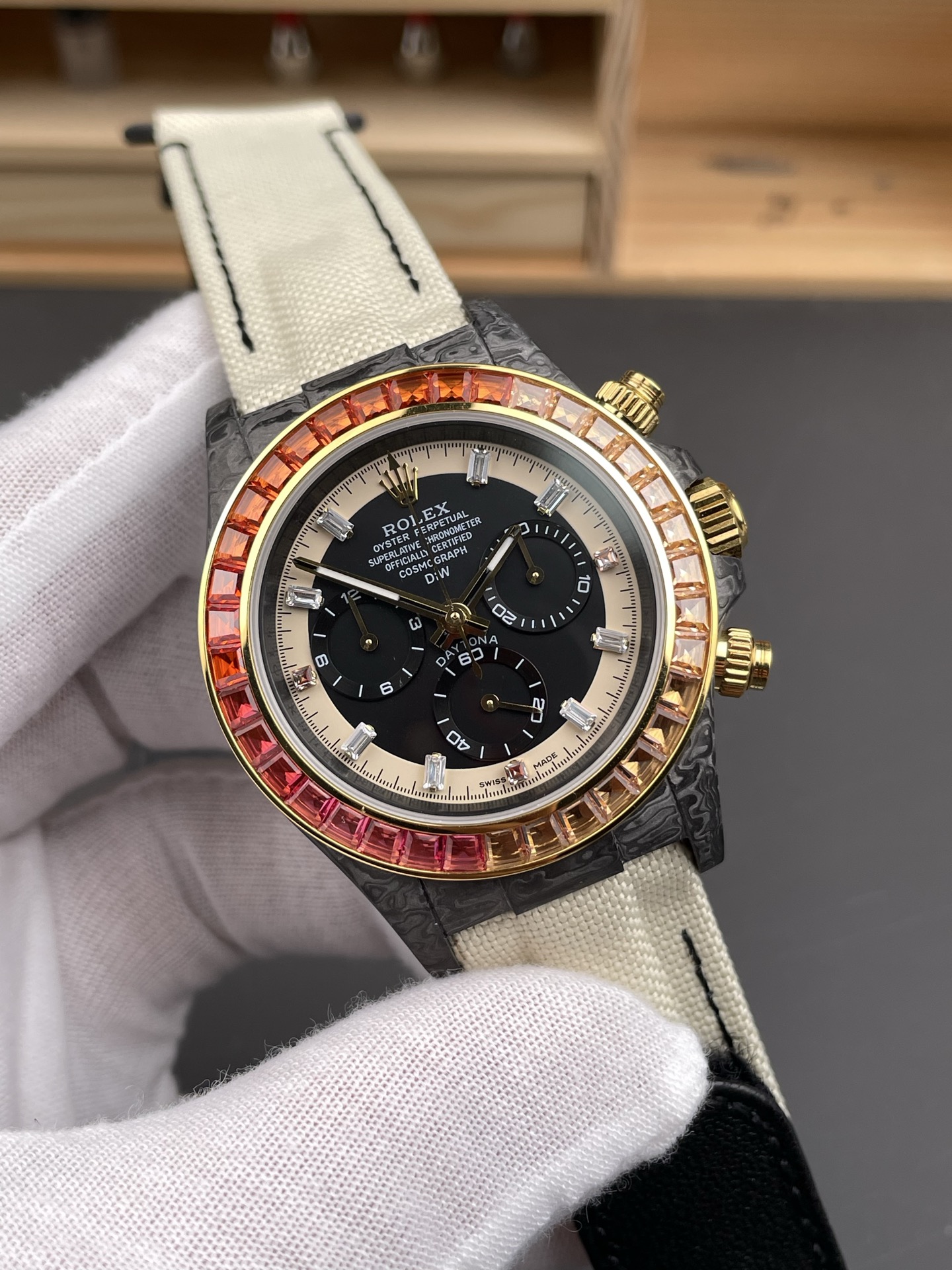 Rolex Daytona DiW Carbon Edition Rainbow Bezel - Forged Carbon Casing Beige Strap 1:1 Mirror Super Clone - view 3