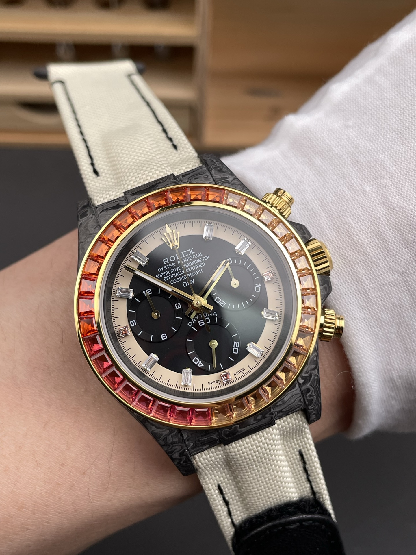 Rolex Daytona DiW Carbon Edition Rainbow Bezel - Forged Carbon Casing Beige Strap 1:1 Mirror Super Clone - view 9