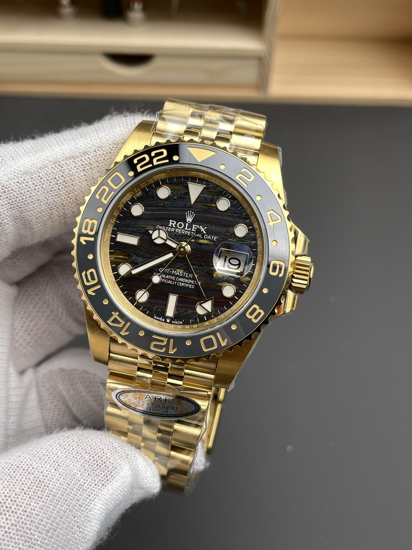Rolex GMT Masters II Super Clone 126718GRNR Yellow Gold Tiger Iron Dial Swiss Watch - view 3