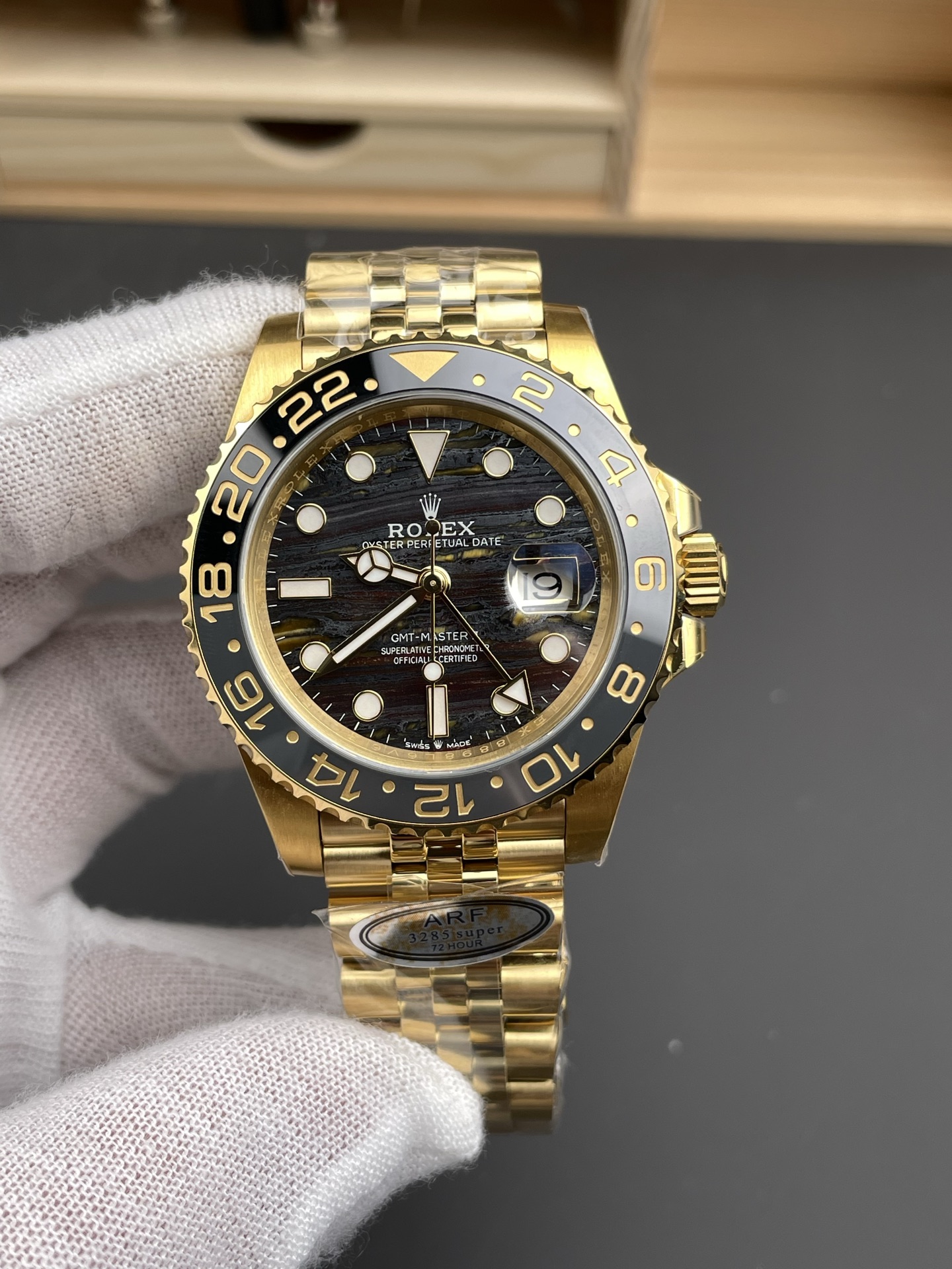 Rolex GMT Masters II Super Clone 126718GRNR Yellow Gold Tiger Iron Dial Swiss Watch - view 4