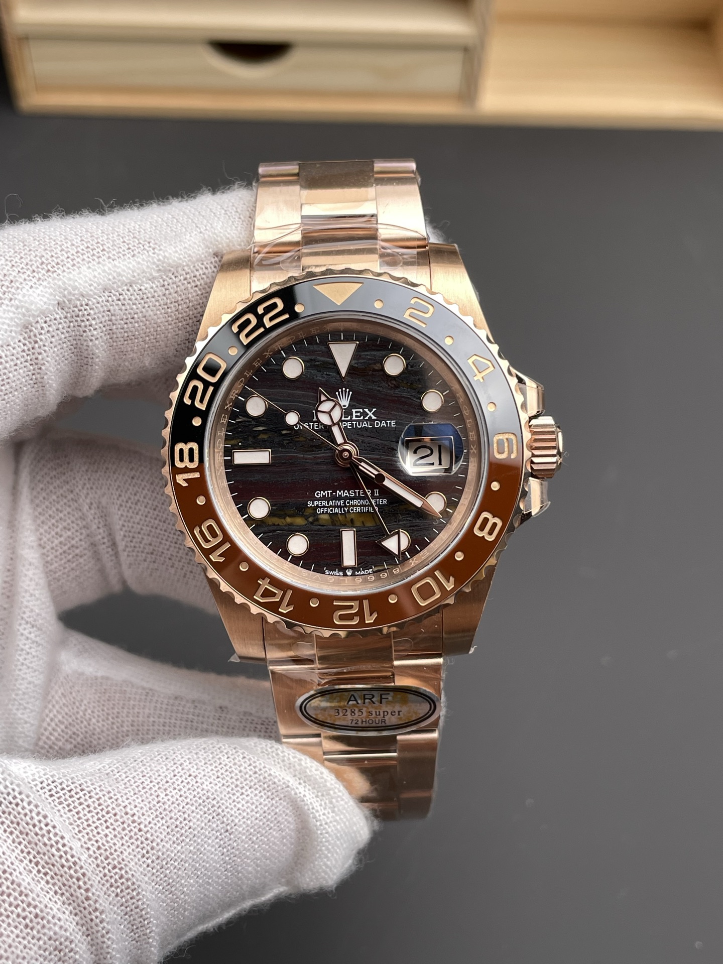 Rolex GMT Masters II Super Clone 126715CHNR Rose Gold Tiger Iron Dial Swiss Watch - view 2