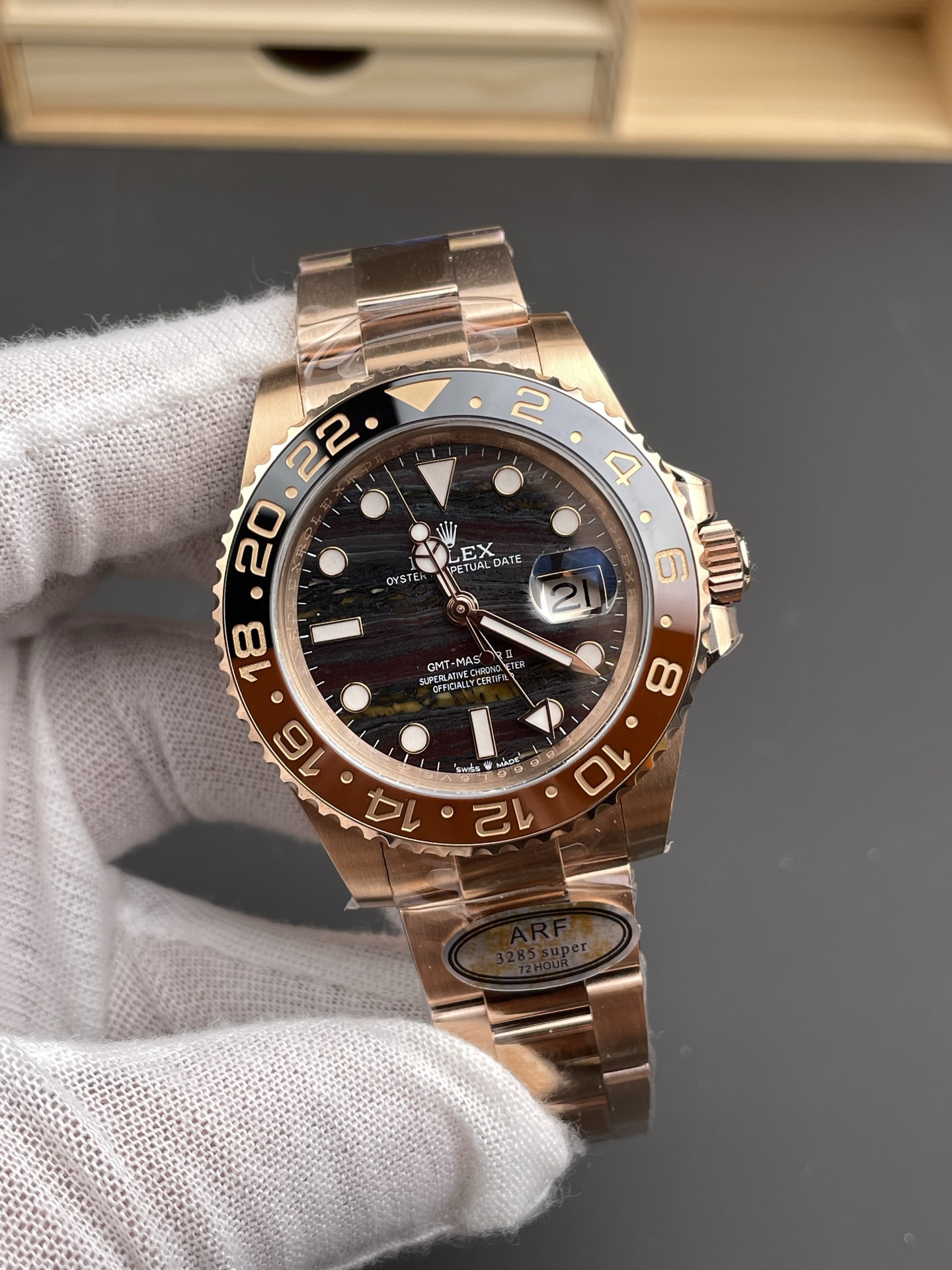 Rolex GMT Masters II Super Clone 126715CHNR Rose Gold Tiger Iron Dial Swiss Watch - view 3