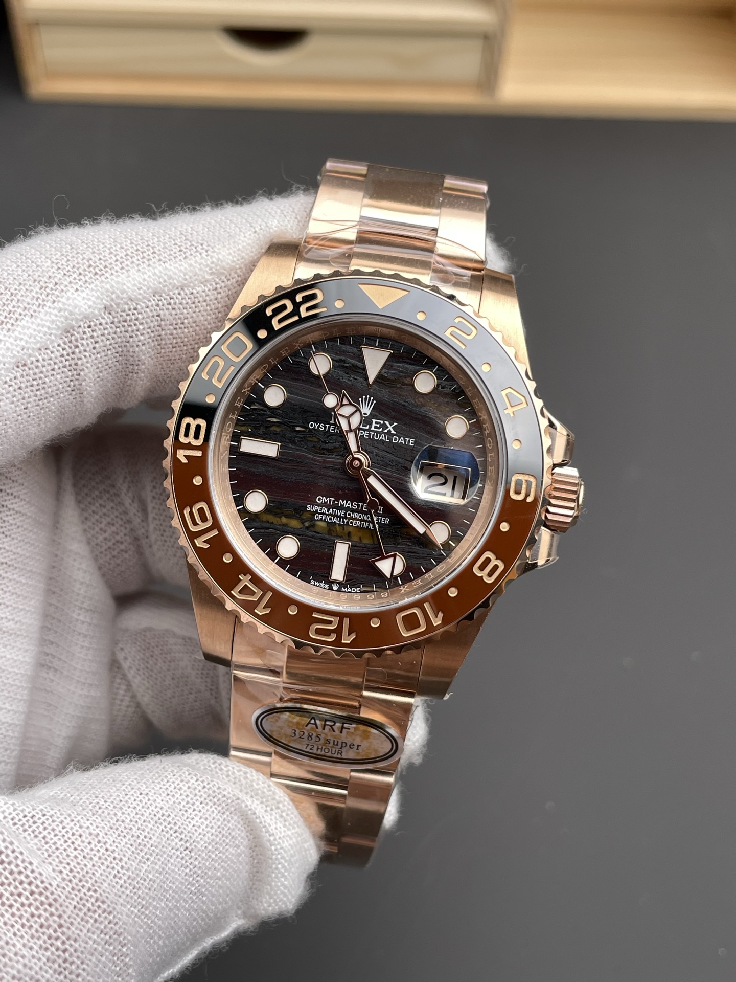 Rolex GMT Masters II Super Clone 126715CHNR Rose Gold Tiger Iron Dial Swiss Watch - view 4