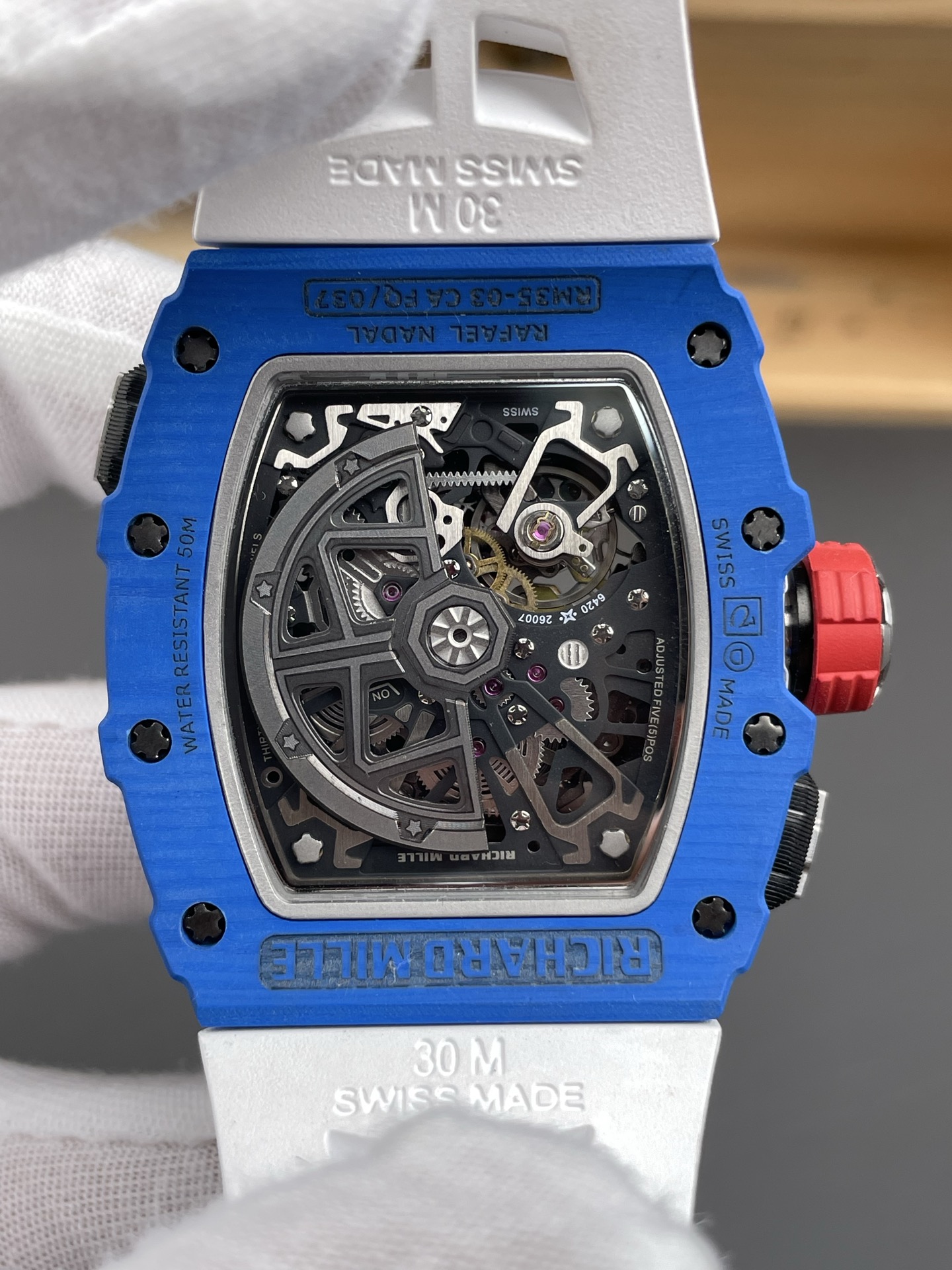 Richard Mille RM35-03 Rafael Nadal Edition Blue Carbon Fiber Casing 1:1 Mirror Super Clone Watch in White Strap - view 5