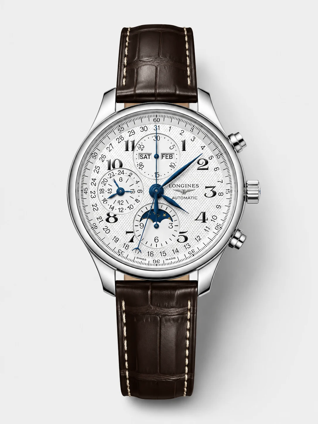Longines 1:1 Super Clone Watch - Silver Dial with Barleycorn Pattern, Mechanical Movement, and Leather Strap - view 1