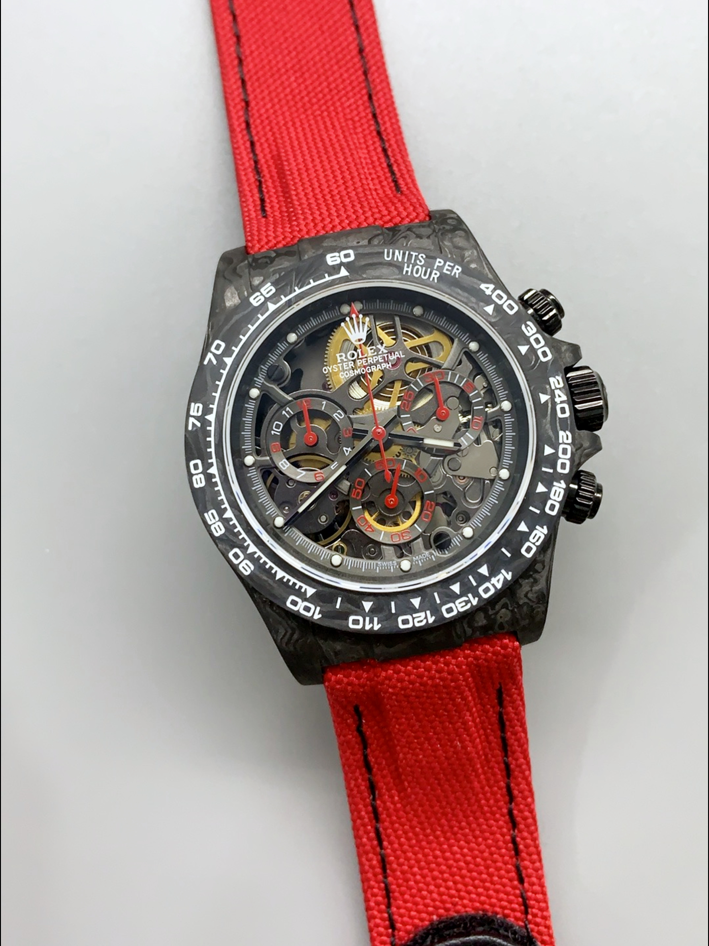 Rolex Daytona DiW Skeleton Carbon Edition Watch - Forged Carbon Casing Red Strap 1:1 Mirror Super Clone - view 3