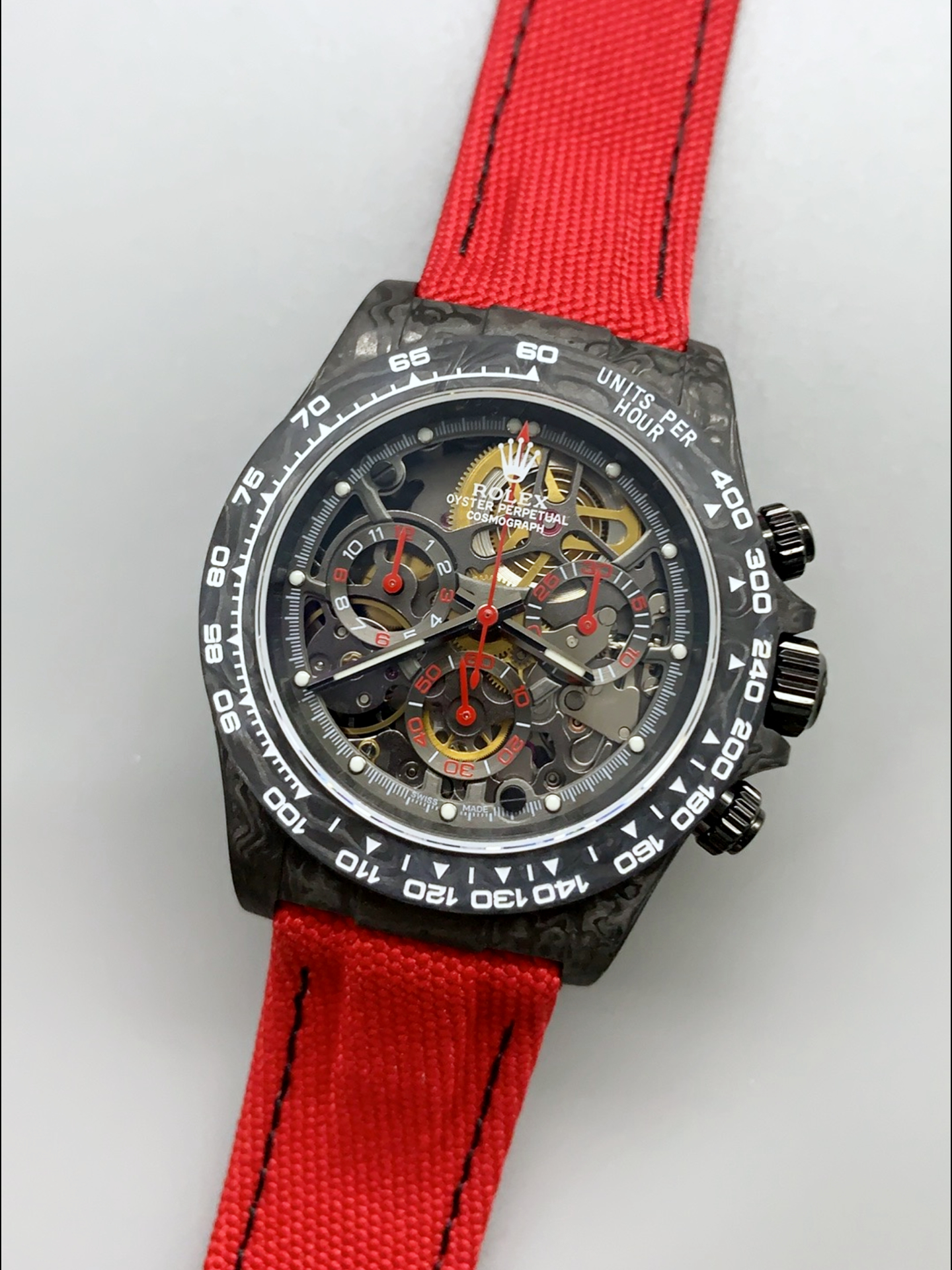 Rolex Daytona DiW Skeleton Carbon Edition Watch - Forged Carbon Casing Red Strap 1:1 Mirror Super Clone - view 4