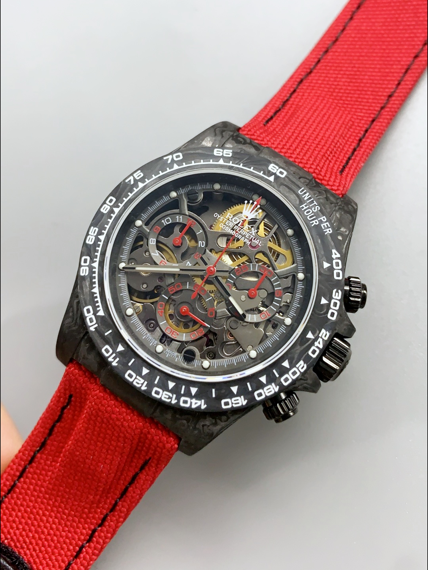 Rolex Daytona DiW Skeleton Carbon Edition Watch - Forged Carbon Casing Red Strap 1:1 Mirror Super Clone - view 6