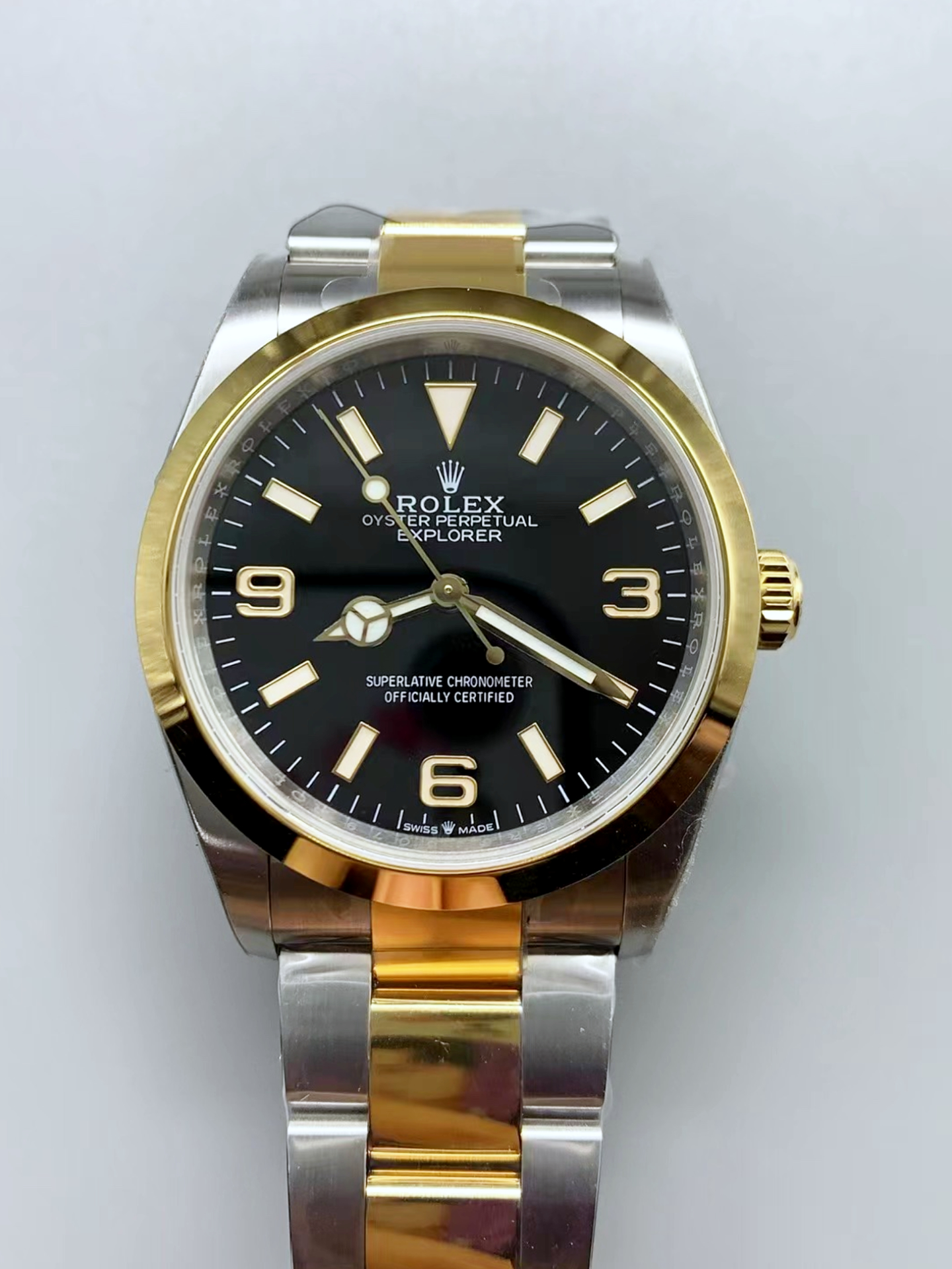 Rolex Explorer I Black Dial - Yellow Gold on Steel in 3230 Swiss Automatic Movement - Super Clone Watch - view 2