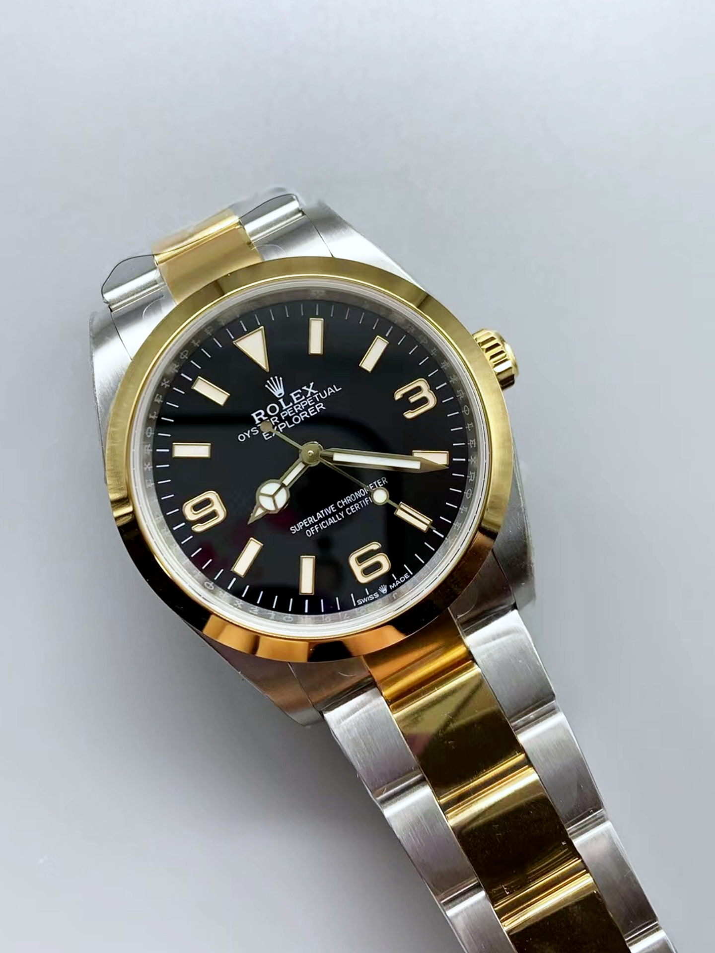 Rolex Explorer I Black Dial - Yellow Gold on Steel in 3230 Swiss Automatic Movement - Super Clone Watch - view 3