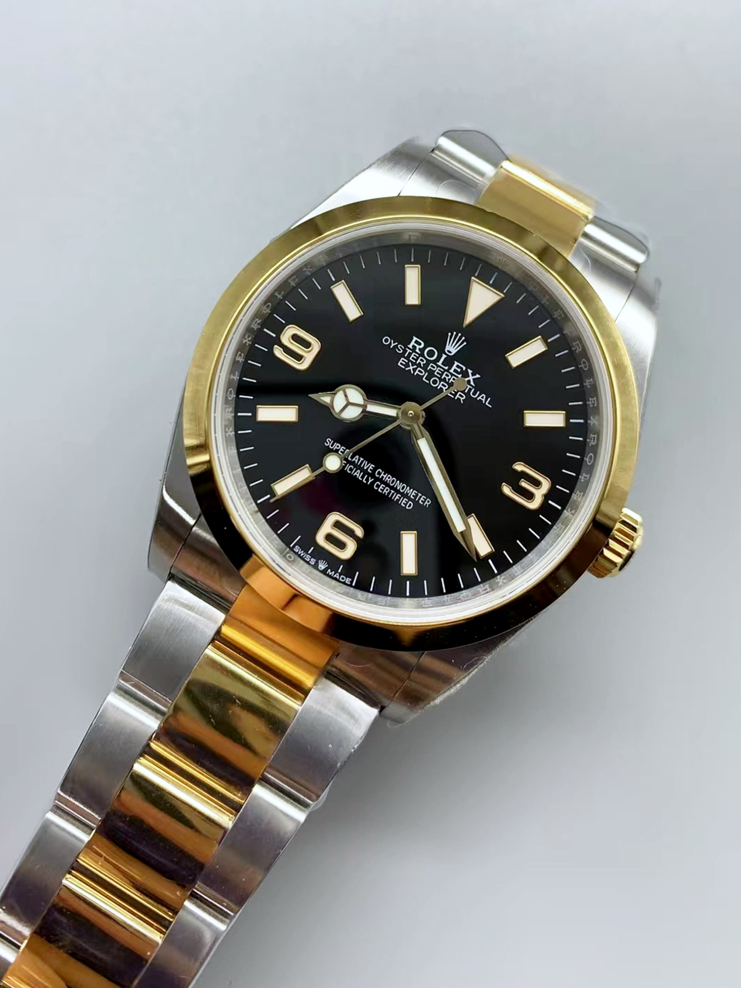 Rolex Explorer I Black Dial - Yellow Gold on Steel in 3230 Swiss Automatic Movement - Super Clone Watch - view 4